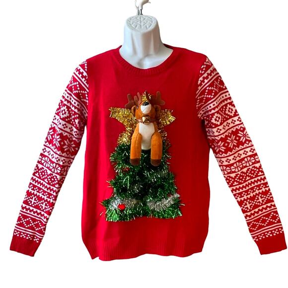 NOBO Stuffed Animal 3D Reindeer Ugly Christmas Sweater Size Large (11-13) - Picture 1 of 4